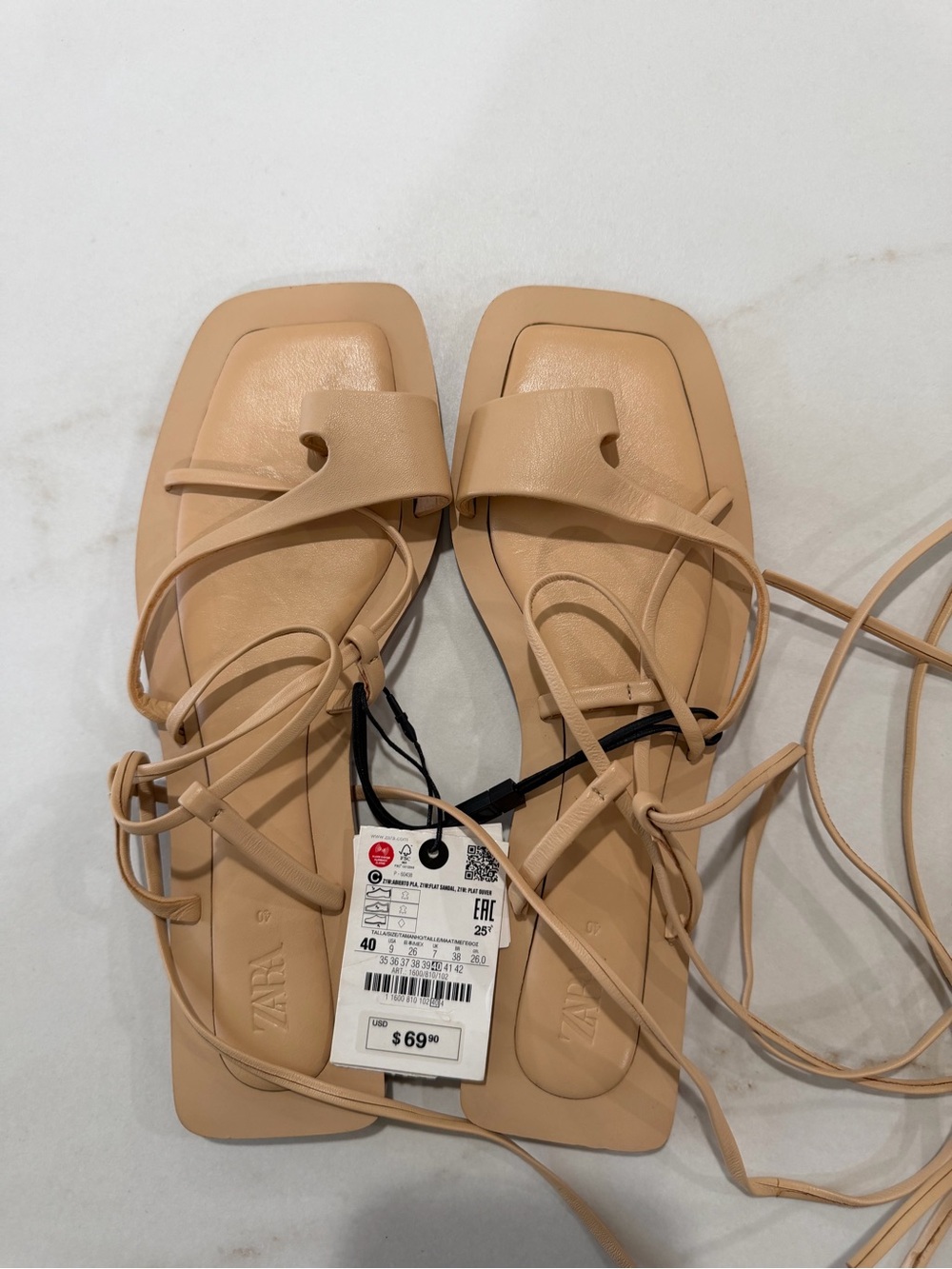 Zara Beige Lace-Up Square-Toe Sandals - Picture 3 of 4